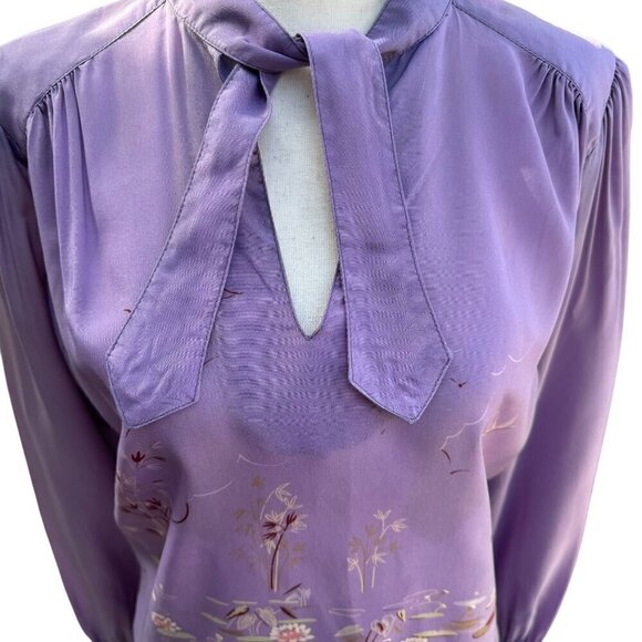 Richard Peters Vintage Lilac Silk Floral Tie Neck Blouse Pleated Midi Skirt Set - Picture 12 of 16